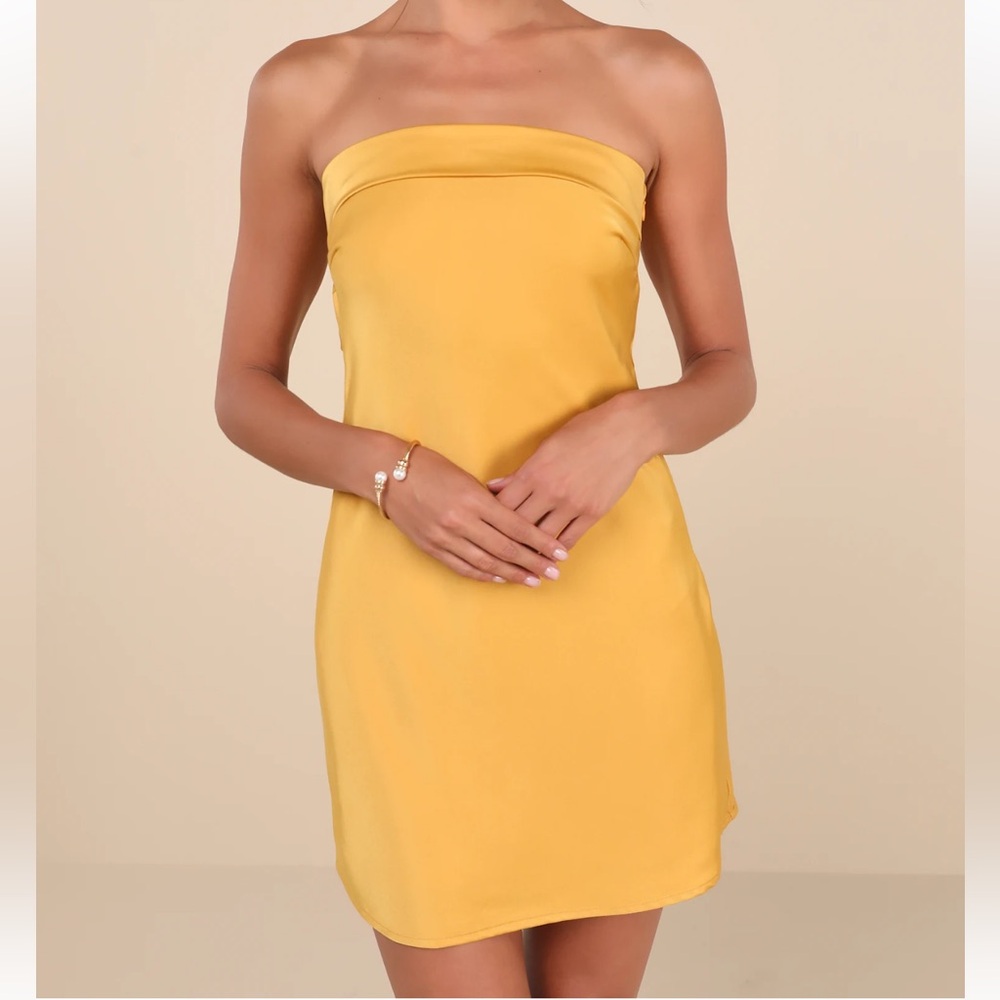 Lulus‎ Exquisite Approach Marigold Satin Strapless Cowl Back Mini Dress XL